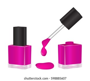 Pink bottle for nails in a transparent, open and closed state. A drop of ink dripping from the brush. Vector illustration.