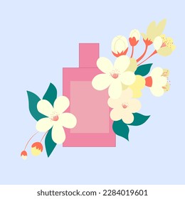 rosafarbene Flasche Parfum in blühende Blumen eingebettet