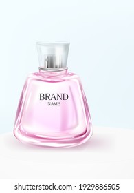 Pink bottle of perfume on the podium on a blue background. Mockup of a glass bottle with perfume for an advertising banner. Realistic illustration