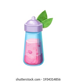 Pink bottle with potion and cap with pair of green leaves isolated Halloween party icon. Vector magic poison liquid in vial, alchemy magical elixir of love or death. Wizard drink, gui rpg game perfume