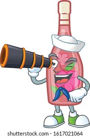 Pink bottle wine cartoon happy Sailor style with binocular