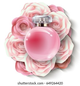 Pink bottle women's perfume with beautiful paper flowers. Beauty and cosmetics background. Use for advertising flyer, banner, leaflet. Vector.Vector template