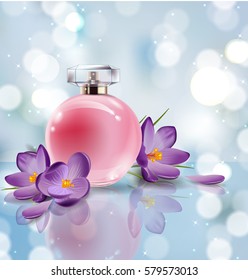 Pink bottle women's perfume with spring flowers crocuses on blurred background. Vector template