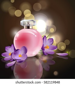 Pink bottle women's perfume with spring flowers crocuses on blurred background. Vector template