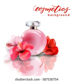 Pink bottle women's perfume with spring flowers crocuses. Vector template