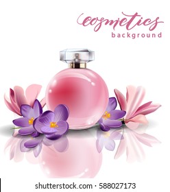 Pink bottle women's perfume with spring flowers crocuses. Vector template