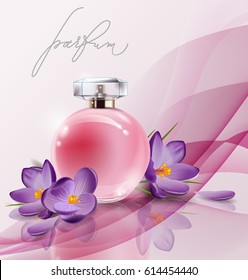 Pink bottle women's perfume with spring flowers crocuses . Vector template