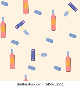 Pink bottles and blue corkscrew seamless pattern. Vector.