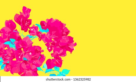 Pink Bougainvillea flowers on neon yellow background, minimal easy sunday feeling template