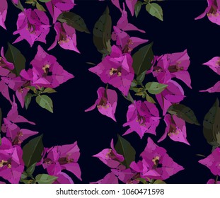 Pink bougainvillea seamless pattern. Botanical illustration hand drawn. Vector floral design for fashion prints, scrapbook, wrapping paper.