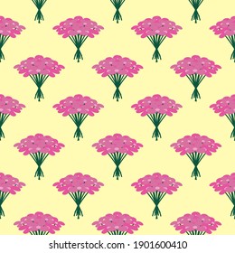 Pink bouquet of flowers,seamless pattern on yellow background.