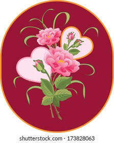 Pink bouquet of roses or peony with buds, hearts from stalks and leaves, in an oval on a pink background.