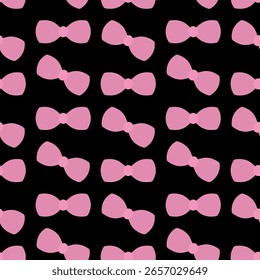 Lazo rosa. Arcos caóticamente dispersos. Patrón de Vector sin costuras. Adorno sin fin de lindas pajaritas. Fondo negro aislado. Idea para el Diseño web.