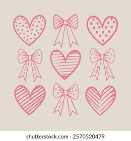 Pink bow coquette y2k aesthetic ribbon, elegant accessory, pastel tie isolated on white background. Lovely satin knot. hand drawn love heart collection.  Love you more artwork. Pretty vibes, 