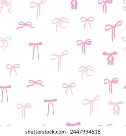 Pink bow. Cute seamless pattern. Elegant coquette hand drawn ribbon background. Vector