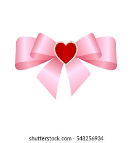Pink  bow decorated with ruby heart isolated on a  white background. Vector image.
