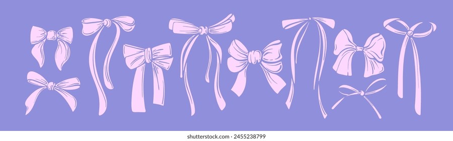 Pink bow form set. Vector ribbons, silk bows for gifts, present knots and wrap pack isolated. Bowknot for decoration, collection sillouette for celebration design in cartoon style