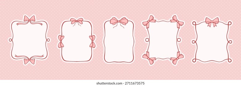 Marco de lazo rosa en estilo delicado del arte de la línea. Vector colección de elegantes cintas y bordes. Decoración coqueta caprichosa y romántica para tarjetas de San Valentín, carteles, menús o invitaciones de cumpleaños