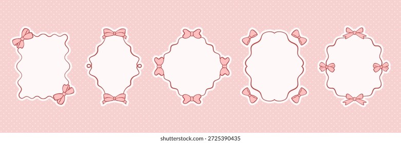 Quadro de arco rosa definido em estilo de arte de linha delicada. Coleção vetorial de fitas e bordas elegantes. Decoração de coquette encantadora e romântica para cartões de dia dos namorados, cartazes, menus ou convites de aniversário.
