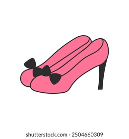 Pink Bow Heels. Coquette Glamour woman footwear. Hand drawn Girlie Shoes. Isolated vector illustration. 