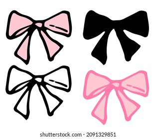 pink bow icon set doodle-style isolated ribbon bow, black outline and silhouette on white for a festive design template