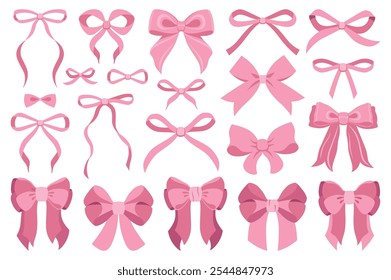 Pink bow illustration set. Simple hand drawn ribbon bow collection. Vector ribbons, silk bows for gifts, present knots, wrap pack. Bowknot for decoration, collection sillouette for celebration design 