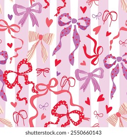 Pink bow knots, hearts, love seamless pattern for Valentines day. Romantic bows and ribbons on purple vertical stripes background. Girly print in coquette style, lovely wallpaper, gift paper, textile