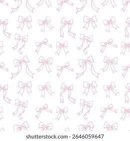 Pink bow knots and ribbons seamless pattern. Vector hand drawn illustration. Gift box and party decoration, holiday, decorative design element.