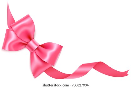 Pink Bow With Long Ribbon For Corner Decor Isolated On White. Holiday Decoration. Vector Rose Bow