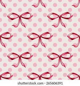 Pink bow on a beige background. Seamless decorative pattern. Hand draw elegant vintage design. Isolated on a beige background.