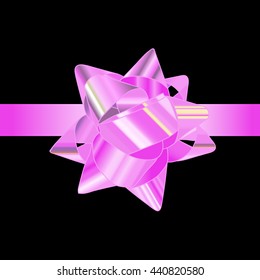 Pink bow on a black background. Vector illustration. Isolated vector object. 3D rendering.