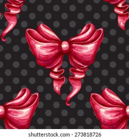 Pink bow on a black  polka dots background. Seamless decorative pattern. Hand draw elegant vintage design. Vectorized watercolor drawing. Vintage poster design. Isolated on a black background.