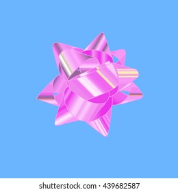 Pink bow on a blue background. Vector illustration. Isolated vector object. 3D rendering.