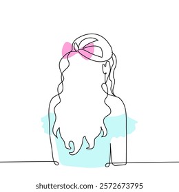 pink bow on long wavy hair from the back of a girl in an open blue dress - one line art vector