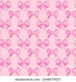 Pink Bow with Outline Seamless Pattern. Hand draw pink bow coquette and ribbons pattern for gift wrapping, wedding, holidays, gift boxes