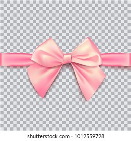 Pink bow for packing gifts. Realistic vector illustration on transparency grid.