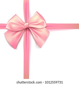 Pink bow for packing gifts. Realistic vector illustration on transparency grid.