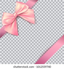 Pink bow for packing gifts. Realistic vector illustration on transparency grid.