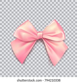 Pink bow for packing gifts. Realistic vector illustration on transparency grid.