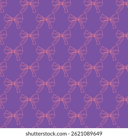 Pink Bow Pattern on Bright Purple Background in Stylish Repeating Design. Modern and minimalistic pattern featuring pink outline bows on a purple background. Perfect for creating cheerful and playful 