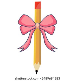 Pink Bow With Pencil Back To School Design For Trendy Teacher.   Pencil With Bow Design.