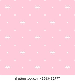 Pink bow and polka dot seamless pattern. Romantic and playful design with minimalist charm. Perfect Valentine’s day background for love-themed projects.