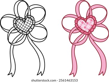Pink bow ribbon clipart coquette aesthetic for design element or coloring page. Vector illustration.