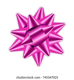 Pink bow ribbon decor element package Shiny color satin decoration gift present, holiday design, isolated white background. Symbol Christmas, New Year celebration, birthday Vector illustration