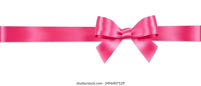 Pink Bow and Ribbon Horizontal Realistic shiny satin with shadow horizontal ribbon for decorate your wedding invitation card ,Breast Cancer Awareness Month, greeting or gift boxes vector EPS10