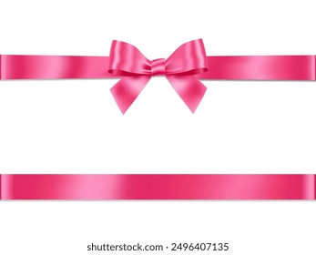 Pink Bow and Ribbon Horizontal Realistic shiny satin with shadow horizontal ribbon for decorate your wedding invitation card ,greeting card or gift boxes vector EPS10 isolated on white background.