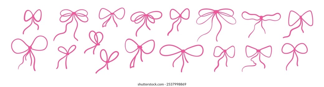 Pink bow with ribbon and lace, cute coquette and girly style. Vintage tie and band Y2K inspired. Flat vector illustration isolated on white background.