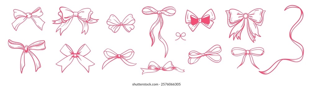 Pink bow with ribbon and lace, cute coquette and girly style. Set of illustrations in sketch style. bows, silk ribbon. Valentine's Day and band Y2K inspired. 