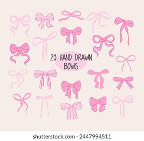 Conjunto de cinta de lazo rosa. Garabato dibujado a mano. Iconos de lazo simple plano. Vector