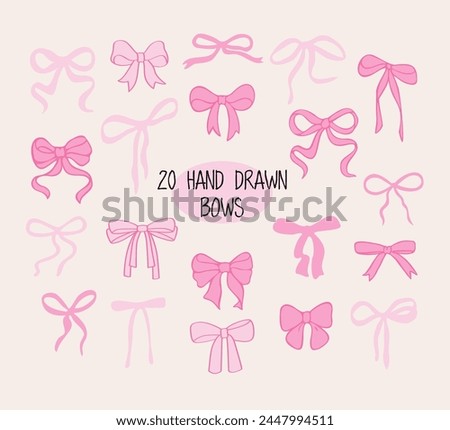 Pink bow ribbon set. Hand drawn doodle. Flat simple bow icons. Vector